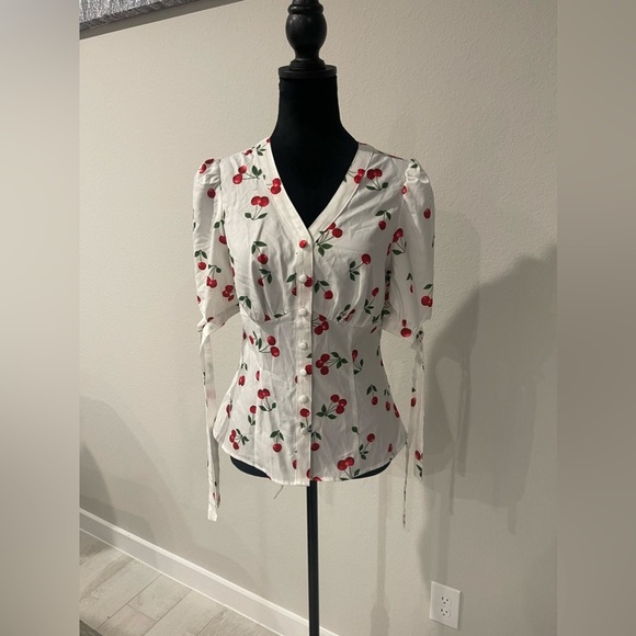 NWT BELLE POQUE retro cherries blouse top shirt with puff sleeves & bow accent S - Picture 2 of 7
